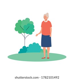 Grandmother at park with tree design, Old woman female person mother grandparents family senior and people theme Vector illustration