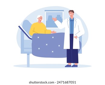 Grandmother patient consulting with male doctor in a room, medical hospital. Character design. Vector flat illustration