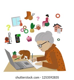 Grandmother, pensioner laptop working, studying on computer.  Old woman and notebook. There is a laptop, a flower and a cat.  Vector illustration isolated on white background.