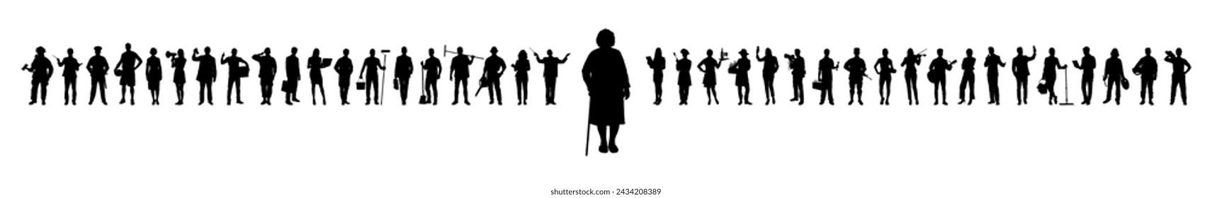 Grandmother pensioner with walking stick standing in front of group people with various jobs or occupations vector silhouettes.	
