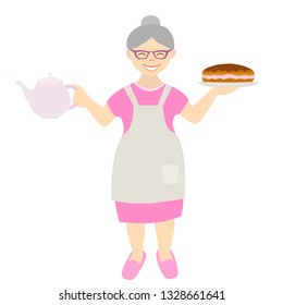 Grandmother with pie isolated on white background, vector illustration of senior woman with homemade cake