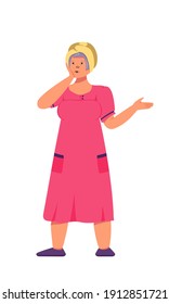 Grandmother in a pink robe and a turban on her head. The surprised face of an elderly man, hand pressed to his cheek. Vector flat cartoon illustration