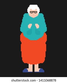 Grandmother pixel art. Granny pixelated. Old lady Old game graphics. 8 bit Vector illustration