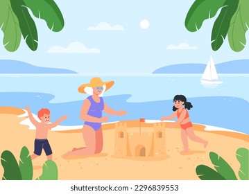 Grandmother playing with children vector illustration. Senior woman building sand castle on beach, spending time with happy boy and girl running around. Summer, family reunion concept