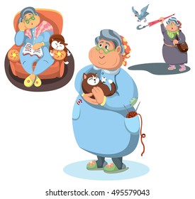 Grandmother poses set. Grandmother cute cartoon character.