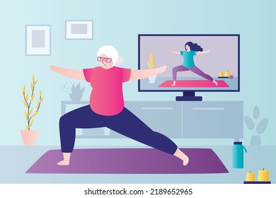 Grandmother Practicing Standing Yoga Poses At Home. Elderly Woman Stretches In Warrior Pose 2. Elderly Lady Does Gymnastics With Online Trainer. Video Tutorials On Asanas. Flat Vector Illustration