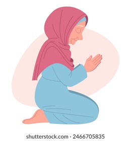 Grandmother praying on knees in headscarf with closed eyes, reading prayer, hand-drawn, flat vector illustration, white background