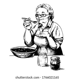 grandmother prepares jam, sketch, scribble, for labels, books, black and white graphics, vector illustration