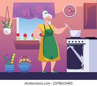 Grandmother preparing jam or confiture in the kitchen, flat cartoon vector illustration. Homemade preserves, culinary and home cuisine concept of banner.