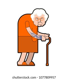 Grandmother prisoner crime. Grandma Gangster in orange robes. Old lady with tattoo. Vector illustration
