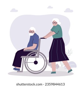 Grandmother pushes old man in wheelchair. Elderly people are walking. Barrier-free environment, ease of movement for people with limited mobility. Disabled senior and old woman. vector illustration