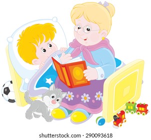 Grandmother reading aloud a book of fairy tales to her grandchild lying in his bed