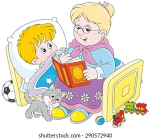 Grandmother reading aloud a book of fairy tales to her grandchild lying in his bed