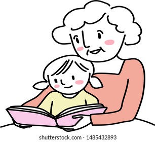 Grandmother reading bedtime story with little girl. Woman reading a storybook to granddaughter. Little girl reading a storybook together with grandma. Senior woman spending happy family time with kid.