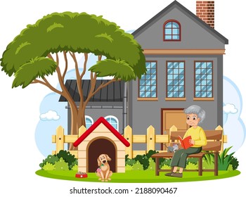 Grandmother reading book in front of house illustration