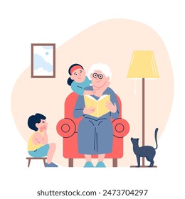 Grandmother reading book grandkids. Elderly funny nanny for boy and girl. Cozy family home evening with granny, kind relationships recent vector scene
