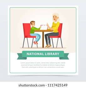 Grandmother reading a book to grandson in library, flat vector illustration element for website or mobile app