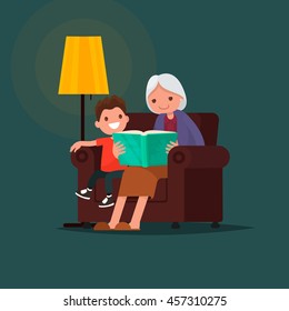 Grandmother reading a book grandson. Vector illustration of a flat design