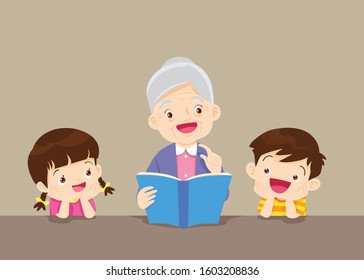 Grandmother is Reading  Book to Her Grandchildren