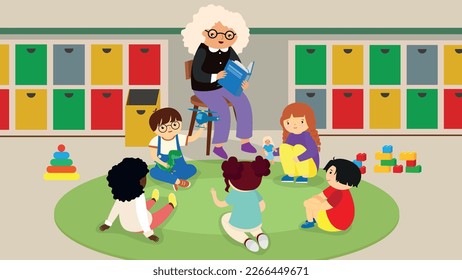 Grandmother reading a book to her grandchildren in the kindergarten. Vector illustration