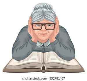 Grandmother reading book. Old woman in glasses placed his hands on an open book. Isolated on white vector illustration