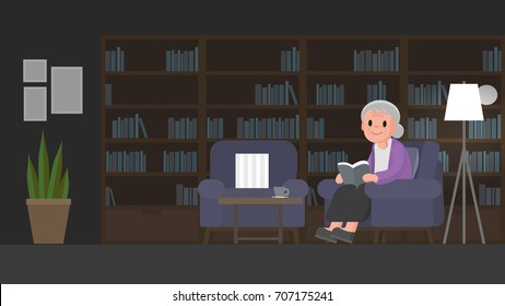grandmother is reading a book in study room. Senior woman sits on a couch in study room. Vector illustration.