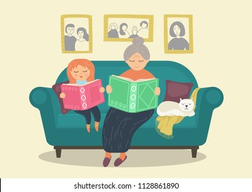 Grandmother reading books with granddaughter on sofa. Heartwarming family concept. Original story time vector illustration.