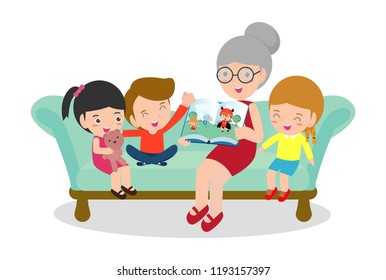 Grandmother reading fairy tales to her grandchildren, reading and telling book fairy tale story, Kids Listening to Their Grandmother Tell a Story, Vector Illustration