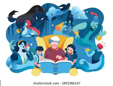 Grandmother reading fairy tales to her grandchildren, reading and telling book fairy tale story, Kids Listening to Their Grandmother Tell a Story, Vector Illustration