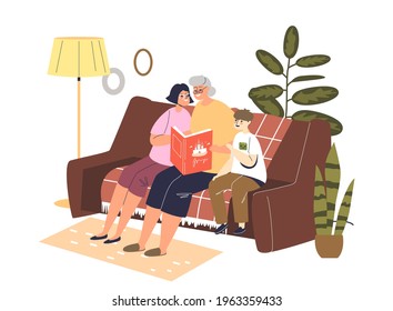 Grandmother reading fairytale to kids. Two small children sitting on sofa with grandmother reading book. Grandparents and grandchildren concept. Cartoon flat vector illustration