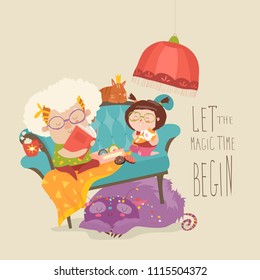 Grandmother reading fairytales to her granddaughter