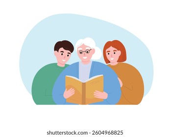 Grandmother reading to grandchildren. Elderly woman holding book, teaching children. Vector flat graphics.