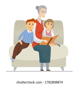 Grandmother reading to grandchildren - flat design style illustration with cartoon character. Cheerful retired woman sitting in a chair at home with grandson and granddaughter. Leisure activity