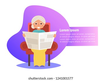 Grandmother is reading newspaper in his chair Vector. Cartoon. Isolated art on white background. Flat
