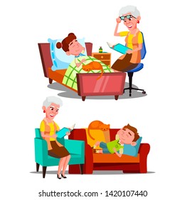 Grandmother Reading Nighttime Story Book Vector. Character Old Woman Reading Bedtime Fairy Tale For Grandson Little Boy And Girl. Children And Domestic Cat Sleeping Time Flat Cartoon Illustration