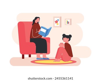 Grandmother is reading a story book to her granddaughter with two pigtails, sitting and enjoying. Character design. Vector flat illustration