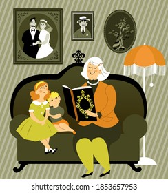 Grandmother reading a story book to little boy and girl, sitting on a sofa in an old-fashioned room, EPS 8 vector illustration