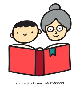 La abuela le lee un libro a su nieto. Icono aislado dibujado a mano con vector plano. Ilustración sobre fondo blanco.