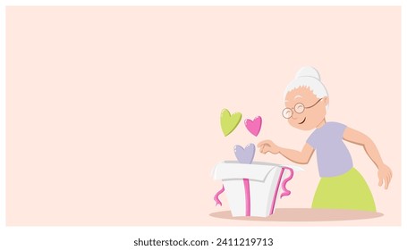 Grandmother receives gift box with hearts. Simple stylish banner for Valentine’s Day or birthday celebration. Gift and presents. Vector banner illustration in cartoon style