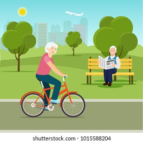 Grandmother riding a bicylce in park. Grandfather reading book. Vector flat style illustration