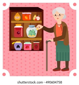 Grandmother saves money in bank for jam. Grandma enjoy her retired money for grandchildren. Elderly woman in vector flat cartoon illustration.