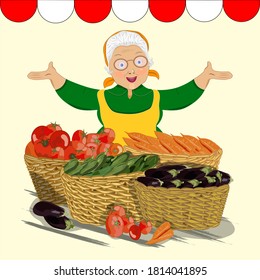 Grandmother in a scarf, glasses, apron. Farmers market with vegetables. Sell vegetables in a basket. Vector.