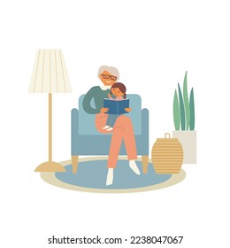 Grandmother seat in armchair hug her little granddaughter read book. Flat vector illustration