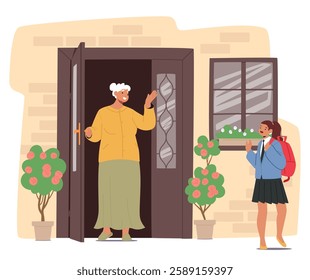 Grandmother sending adorable granddaughter with backpack leaving home before going to school cartoon scene. Happy senior woman and preteen child standing nearby home doorway vector illustration