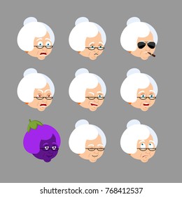 Grandmother set emoji avatar. Sad and angry face. Guilty and sleeping. Grandma sleeping emotion face. Old lady Eggplant. Vector illustration