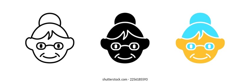 Grandmother set icon. Granny, old woman, old female, grand mother. Grandma with glasses. Vector icon in line, black and colorful style on white background