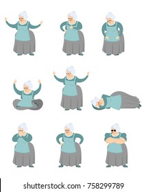 Grandmother Set Poses And Motion. Grandma Happy And Yoga. Old Lady Sleeping And Angry. Guilty And Sad. Vector Illustration