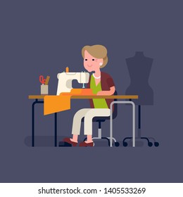 Grandmother sewing. Flat vector illustration on senior age dressmaker woman at work