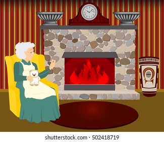grandmother sews by the fireplace. Granny sews a toy in her chair. Home interior with fireplace. Vector illustration.
