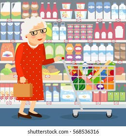 Grandmother shopping vector illustration. Old lady with shopping cart and the store shelves with diary products, fruits and household chemicals.